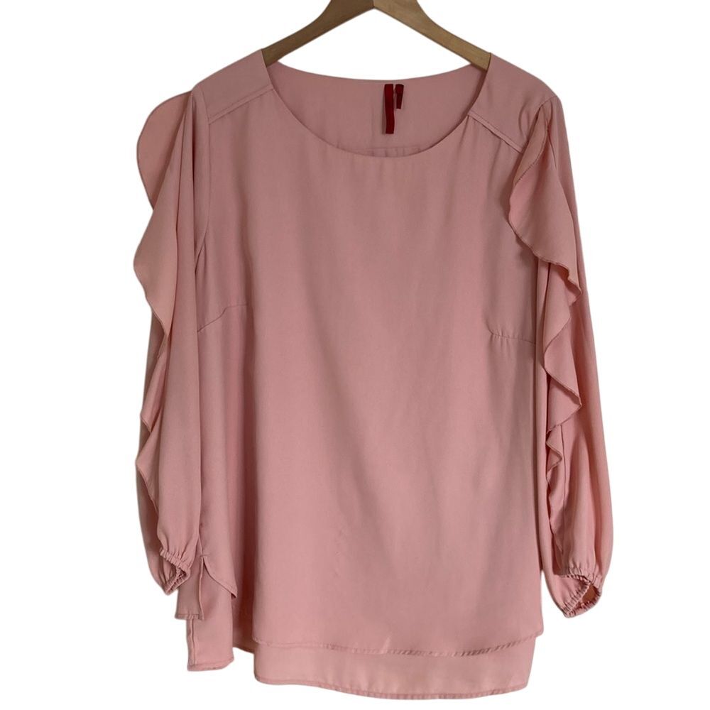 Love Scarlett Long Ruffle Flowy Sleeve Blouse Womens 1X Pink Two Layer